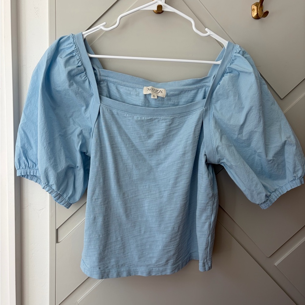 Nation Los Angeles Naya Top Powder Blue Puff Sleeve Square Neck XL Anthropologie - Picture 4 of 6